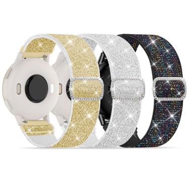 Imagem de Pacote com 3 pulseiras elásticas compatíveis com Garmin Vivoactive 5/6/Forerunner 55/165/245 femininas, tiras de substituição de tecido elástico brilhante macio de 20 mm para Venu Sq/Sq 2/2 Plus, Ouro