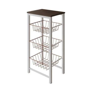 Imagem de Fruteira De Chão Cozinha Montada Aço Branco Cesto Cobre Tampo Amêndoa 