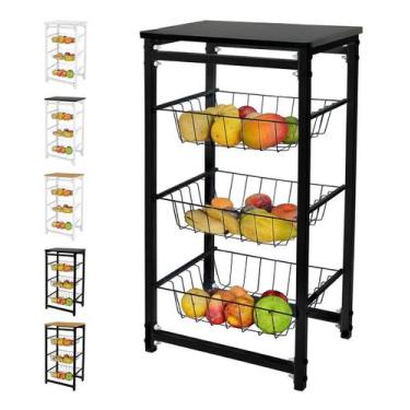 Imagem de Fruteira de Chão Com 3 Cestos para Cozinha Tampo Madeira MDF Modelo Fl