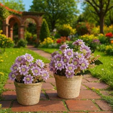 Imagem de Lizzi Home Decor Kit Vasos Decorativos com Margaridas Artificiais, 2 Vasos MDF com Acabamento em Cipó, 4 Buquês de Flores Lilás, 12x10x30cm