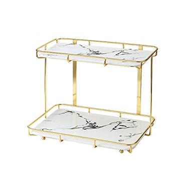 Imagem de Suporte de bolo de cerâmica de 2 camadas com suporte de metal, mesa multiuso para sobremesas, suporte de exibição de cupcake, bandeja de confeitaria, suporte de cupcake