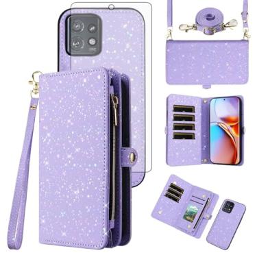 Imagem de Asuwish Capa de celular para Motorola Edge+ Plus 2023/Edge 40 Pro 5G/Moto X40 Carteira magnética destacável com protetor de tela de vidro temperado e suporte de glitter para celular X + mulheres