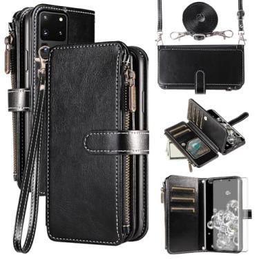 Imagem de Asuwish Capa de celular para Samsung Galaxy S20 Ultra 5G com protetor de tela de vidro temperado e cordão com zíper, porta-cartões, suporte para celular S20ultra 20S S 20 A20 S2O 20ultra G5 preta