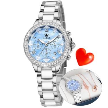 Imagem de OLEVS Conjunto de relógios femininos, diamantes brilhantes, ouro rosa, elegantes, luxuosos, vestidos de pulso, colares e pulseiras, 9999: azul