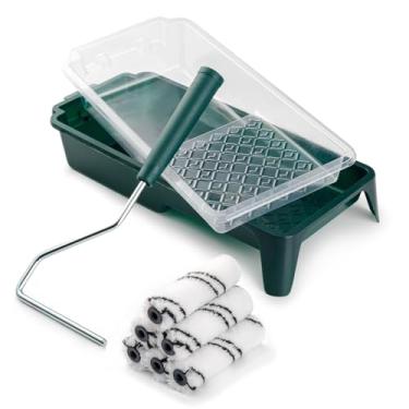 Imagem de CoatPro Twools Conjunto de 9 rolos de pintura de microfibra de 10 cm, 6 peças de rolos de microfibra premium com moldura de rolo resistente, bandeja de tinta e forro de bandeja, acabamento suave para