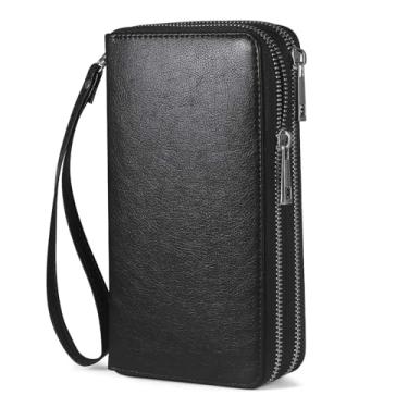 Imagem de HAWEE Carteira feminina com zíper duplo com bloqueio de RFID, bolsa de mão para celular, tamanho grande, multicartões, com alça removível, preta