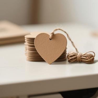 Imagem de 100 etiquetas de presente de papel kraft com barbante, etiquetas de preço em branco, etiquetas de pendurar para etiqueta de artesanato, casamento, Natal, Halloween, dia das mães (marrom)