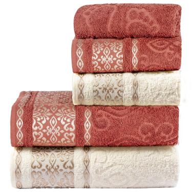 Imagem de Jogo de Banho Toalhas Malau Decorado 100% Algodão 5 Peças - Terracota e Palha