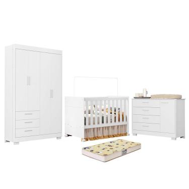 Imagem de Dormitório Zaki Guarda Roupa, Cômoda E Berço Katatau Branco Fosco Com Colchão Supreme - Reller Móveis Branco Fosco