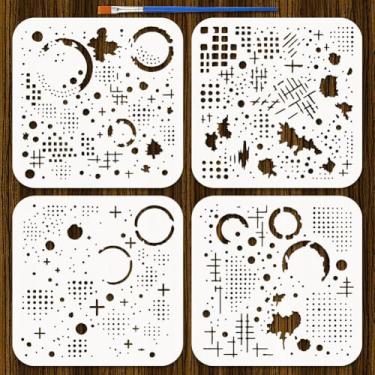 Imagem de FINGERINSPIRE 4 peças de estênceis reutilizáveis para manchas e respingos com pincel, 15 x 15 cm, estêncil de pintura, estêncil, grafite para pintura em spray, modelos de plástico reutilizáveis para