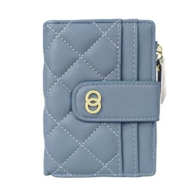 Imagem de Carteira pequena feminina fina dobrável para cartão de crédito, porta-moedas, bolso com zíper e janela para identidade, Azul, Slim