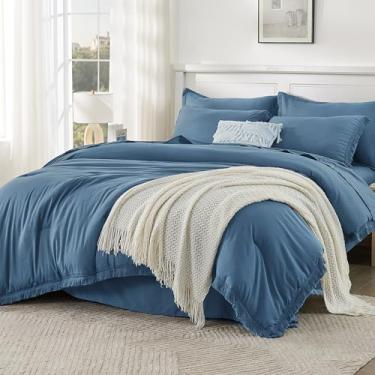 Imagem de Andency Conjunto de edredom tamanho casal azul marinho - 7 peças, boêmio, borla em uma bolsa, conjunto de cama leve e macio, conjunto de cama para todas as estações, com edredom, lençóis, fronhas e