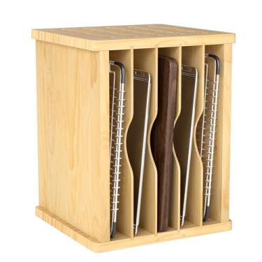 Imagem de bimiti Divisórias de bandeja de armário de madeira, organizador vertical de 6 camadas para panelas, bandeja de cozimento, tábua de corte, organizador de armazenamento de armário de cozinha