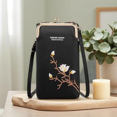 Imagem de Bolsa de telefone moderna, bolsa transversal de couro PU, bolsa de ombro feminina com compartimentos para cartão de couro, mini carteira, bolso de viagem, Preto