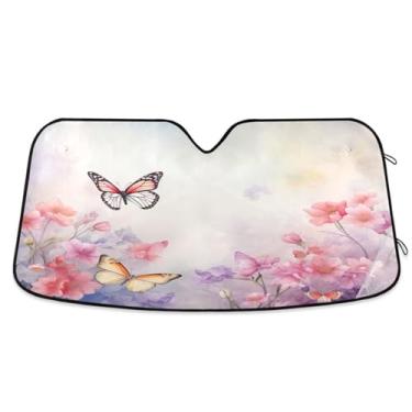 Imagem de ATTX Para-brisa de carro de borboletas cor-de-rosa 134.6 cm x 59.7 cm escudo solar universal com proteção UV, persiana de janela frontal automática dobrável para caminhões Sedans SUVs #858