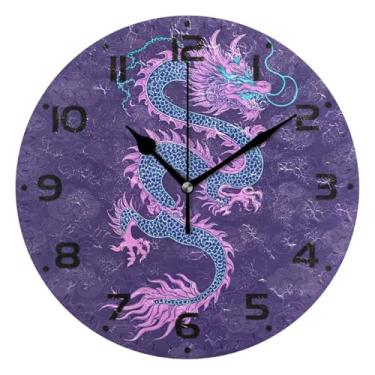 Imagem de JUZIHAI Relógio de parede roxo dragão chinês silencioso sem tique-taque relógios de parede redondos operados por bateria relógio fácil de ler relógio decorativo de parede para casa, cozinha, sala de
