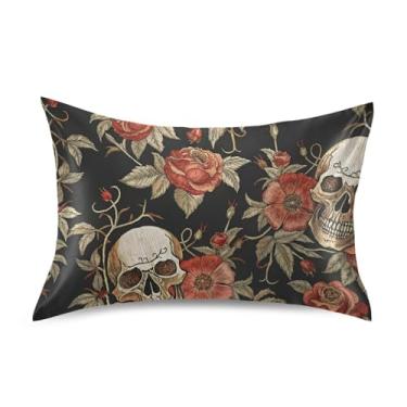 Imagem de JUZIHAI Fronha de travesseiro rosa de caveira de Halloween para cabelo e pele, macia, respirável, com fecho de envelope, capa de almofada suave e refrescante, tamanho padrão 50 x 66 cm