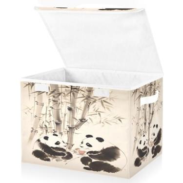 Imagem de Blueangle Cestos de armazenamento de bambu panda chinês com tampas, 42 x 32 x 30 cm, grande cesta organizadora dobrável para decoração de escritório e armário (259)