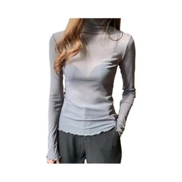 Imagem de Blusa Sexy Feminina De Malha Transparente Com Manga Longa E Gola Alta,