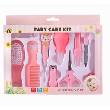 Imagem de Kit Higiene Infantil 10 Peças, Cortador de Unha, Aspirador Nasal, Tesoura, Rosa, para Bebês Recém-Nascidos
