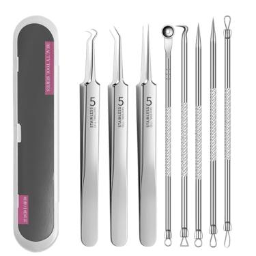Imagem de 8 peças removedor de cravos profissional inoxidável/espinha extrator de comedão, melhor kit de remoção de acne – tratamento para manchas, estouro de cravos, remoção de espinhas para nariz/rosto/pele