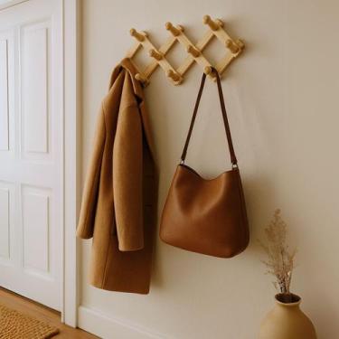 Imagem de Cabideiro De Parede Sanfonado Madeira 10 Ganchos Rústico Extensível Po