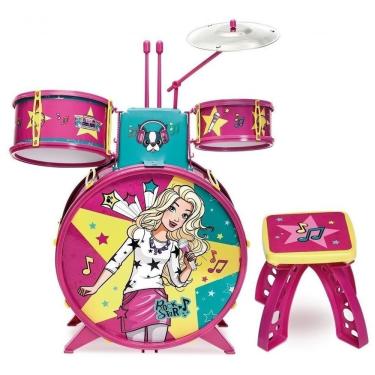 Imagem de Bateria Infantil Barbie Fabulosa com 3 Tambores e Prato Rosa Fun Divirta-se 48CM