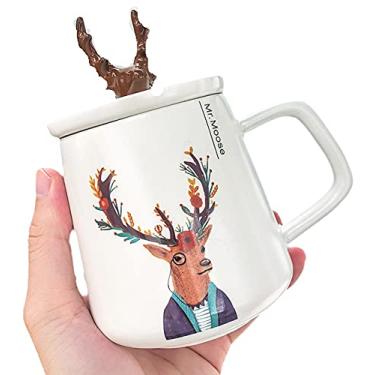 Imagem de seelucky Caneca de cervo com tampa de colher estilo nórdico xícara de café xícara de chá presente feminino escritório casa (óculos queridos, 450 ml)