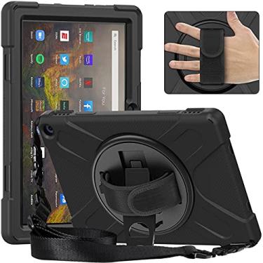 Imagem de Capa para tablet Caso da tabuleta para o fogo do kindle HD10 2021, Capa de tabuleta à prova de choque de corpo inteiro de crianças com alça de mão/alça de ombro rotativa kickstand Estojo Protetor Co