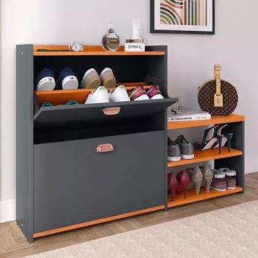 Imagem de Sapateira Banco 2 Gavetas Basculantes Moderna Pares Sapatos Para Quarto Hall de Entrada- Cinza/Cinamomo