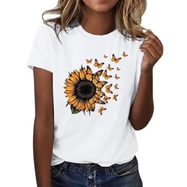 Imagem de Duobla Camiseta feminina com estampa de flores de verão camisetas casuais soltas manga curta gola redonda camisetas fofas 2024 moda, A-1 - Branco, G