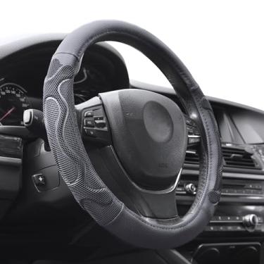 Imagem de Elantrip Capa de volante de couro com ótima aderência com design antiderrapante de favo de mel 3D, protetor de roda de carro universal de 37 a 38 cm, preto