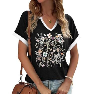 Imagem de Camiseta feminina vintage floral casual boho estampa floral girassol flores silvestres camisetas para meninas, G-5-preto, G