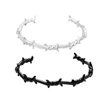 Imagem de COLORFUL BLING Conjunto de pulseiras ajustáveis punk torcidas com 2 peças de arame farpado espinhos grossos com corrente de esporão de segurança para casais, amizade, hip hop, rock, legal, Small,