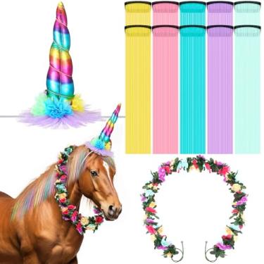Imagem de XunYee 12 peças de acessório para cavalo, inclui faixa de cabeça floral, chifre espiral, 10 crina e cauda de cabelo de pônei cintilante e videira rosa rosa para decoração de festa de aniversário de