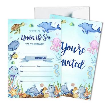 Imagem de Cartões de convite para festa de aniversário infantil convites de festa de aniversário de crianças no fundo do mar festa de aniversário para meninas crianças criaturas marinhas baleia tartaruga