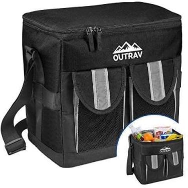 Imagem de Bolsa térmica acolchoada preta – Capacidade para 30 latas – Bolsa macia dobrável à prova de vazamento para acampamento, piqueniques e viagens – Compartimento principal grande, 2 bolsas frontais, alça