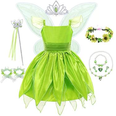 Imagem de Green Fairy Princess Dresses for Girls Clothes Kids Costume Tinker bell Cosplay Set Flower Fairy Carnival Halloween Birthday Party Princess Dress Up Clothes for Little Girls with Wing & Accessories,2T