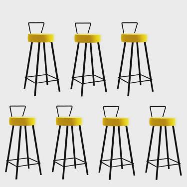 Imagem de Kit 07 Banqueta Alta Com Encosto Tais Eiffel Cozinha Bar Bistrô Ferro Preto Corino Amarelo - Ahz Móveis