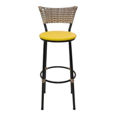 Imagem de Banqueta Alta Fixa Elegante com Encosto Junco Cappuccino Mesclado, Assento Confortável em Corino e Estrutura Preta Ideal para Cozinha Balcão ou Área Gourmet (AMARELO)