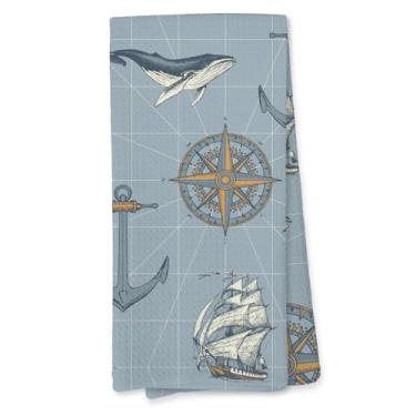 Imagem de Giosve Toalhas de cozinha náuticas de praia costeira, toalhas de mão para decoração de baleia para banheiro, toalha de prato de âncora de barco de praia costeira para cozinha, decoração de banheiro do