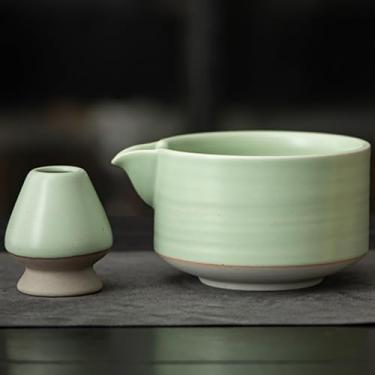 Imagem de Conjunto de tigela matcha de cerâmica feita à mão com bico e suporte de batedor - Kit ritual tradicional de batedor de chá Chasen, Chawan pronto para presente para amantes de matcha (verde)