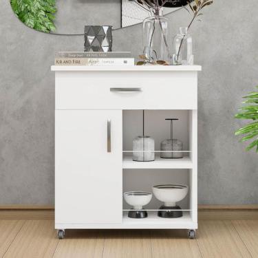 Imagem de Balcão Fruteira Cozinha Com Rodinhas Tampo para Microondas e Gaveta Mu