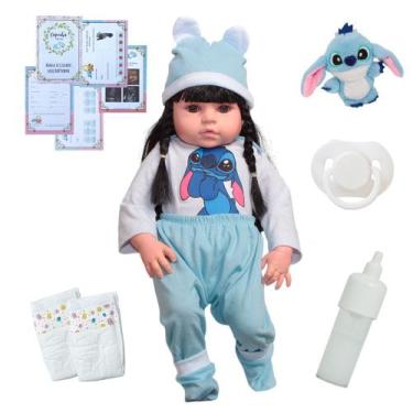 Imagem de Bebe Reborn Boneca Morena Enxoval Stitch Pelúcia Itens - Cegonha Rebor
