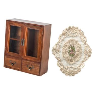 Imagem de Ｂｅｓｇａ Armário de armazenamento de madeira, caixa de cosméticos com compartimentos, organizador de mesa para itens colecionáveis, 3 Portas Duplas de Grade