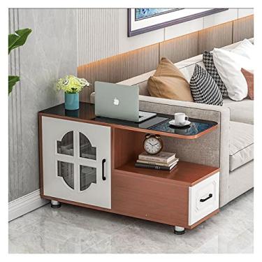 Imagem de Mesa de centro de design simples, mesa lateral, sala de estar, mesa de canto estreita com gaveta e prateleira, mesa de canto de sofá de 2 camadas para espaço pequeno, armário de armazenamento para
