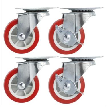 Imagem de Kit De Rodízios Giratórios 2 Pol C/Freio 4 Pçs 100kg 6cm (Vermelha)