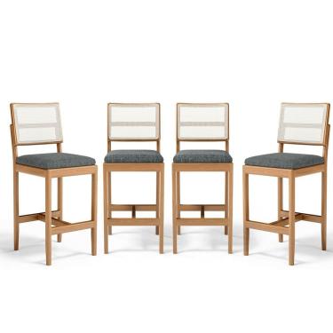 Imagem de Kit Com 4 Banquetas Milena Madeira Maciça Assento Estofado Encosto De Tela Sintética
