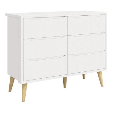 Imagem de Cômoda Infantil Theo 6 Gavetas Branco Fosco com Pés Madeira Natural - Reller Móveis