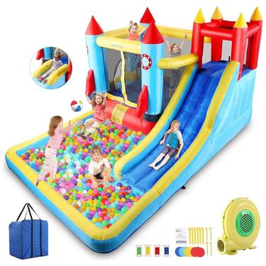 Imagem de Parque Aquático Inflável com 2 Escorregadores, Parede de Escalada e Piscina de Bolinhas para Crianças Acima de 2 Anos, AKEYDIY, Colorido